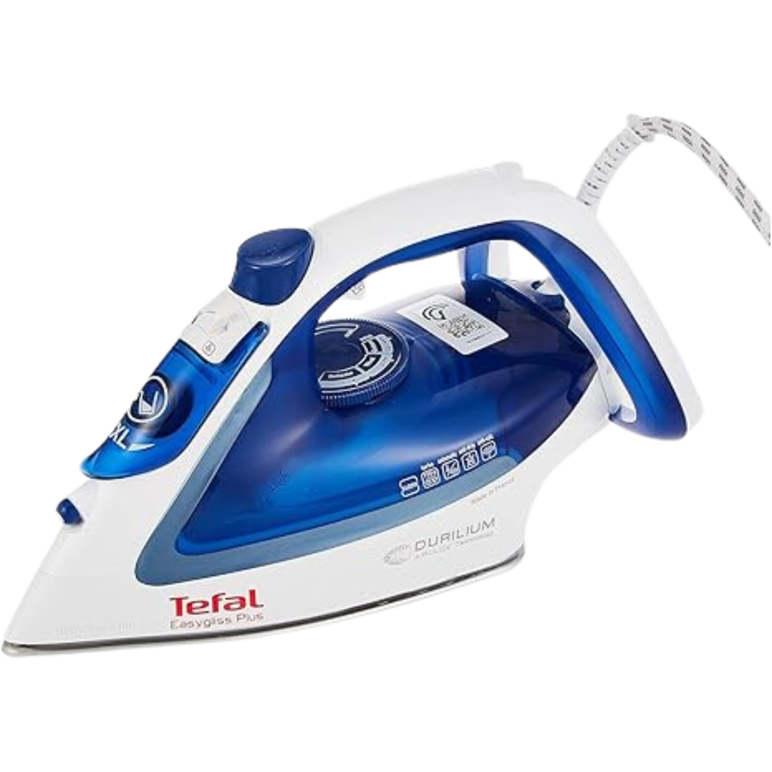 تصميم بدون عنوان - 2025-10-13T153338.818 مكواة بخار إيزي جليس بقاعدة دوريليوم بتقنية آير جلايد من تيفال، 2400 وات، أزرق/أبيض، FV5715M0 - الصورة 1