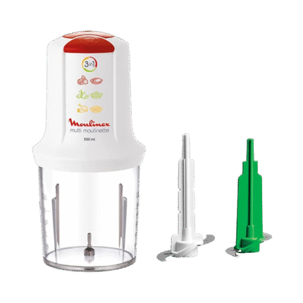 Moulinex AT7191EG Multi Moulinette Chopper 3 in 1, 500 ml Chopper, 500 Watts, Molokhya Blade, 1 Speed and Turbo function, white