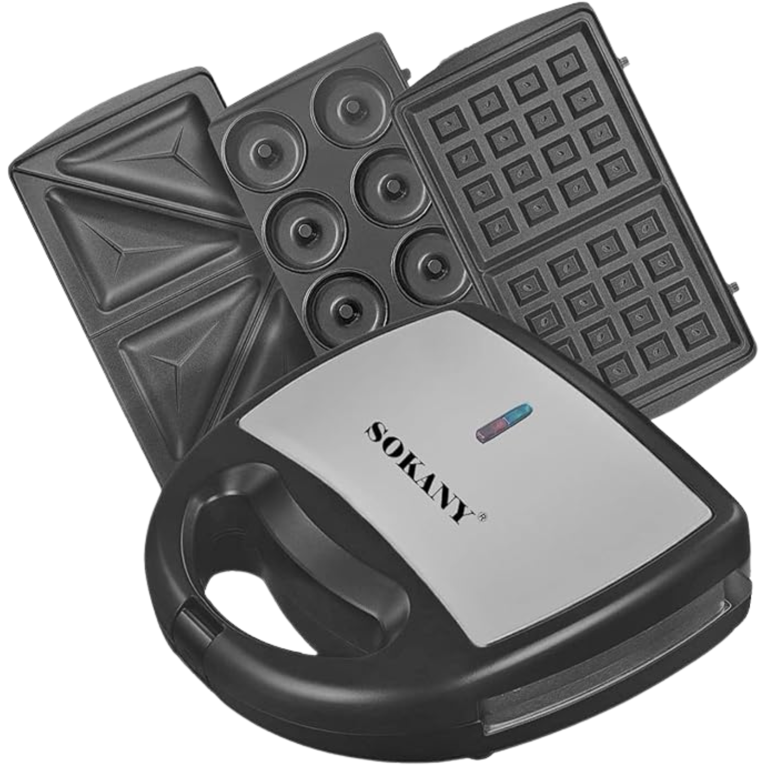 تصميم بدون عنوان - 2025-12-26T175723.290 SOKANY 3-in-1 Sandwich Maker, Grill With 3 Plates Black & Silver - Image 1