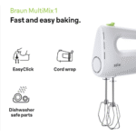 ⁦مضرب يدوي مالتي ميكس 1 من براون للخفق وعجن العجين، تقنية فاست ميكس، 4 سرعات + محرك توربو، 450 وات، مضارب من فولاذ مقاوم للصدأ HM 1100 - أبيض⁩ - الصورة ⁦4⁩