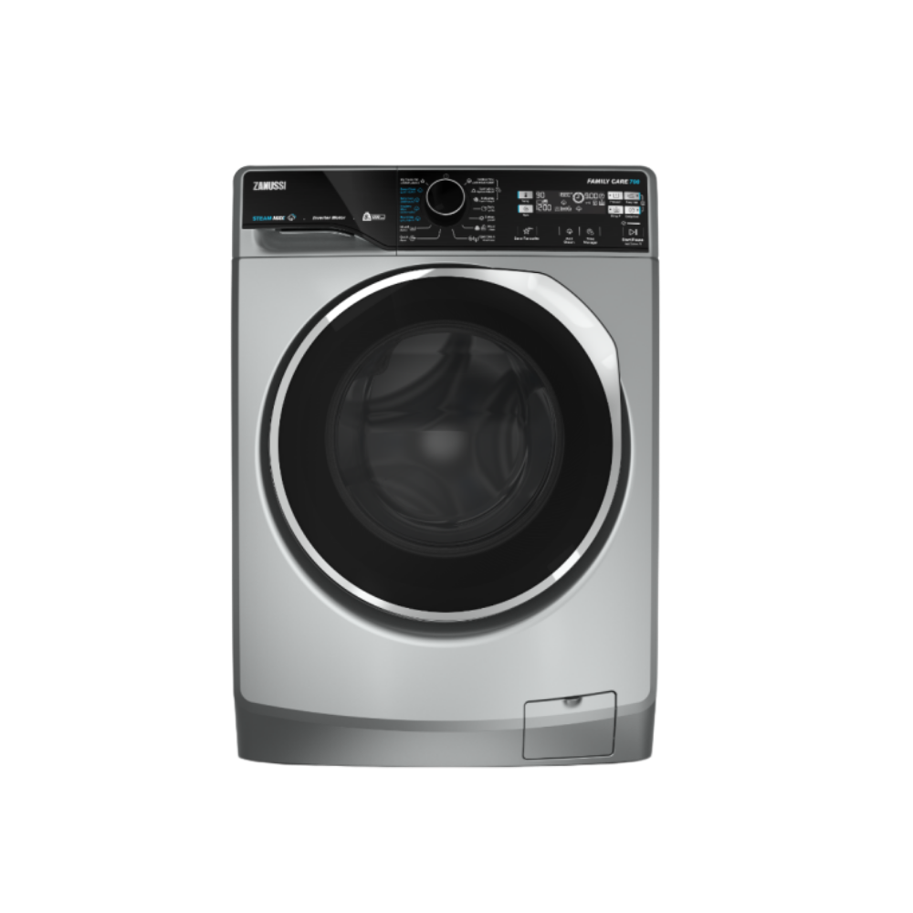 غسالة ملابس زانوسي فول اوتوماتيك تحميل امامي 8 كيلو ت STEAMMAX فضي باب اسود بالعدسة بإطار كروم انفرتر موتور ZWF8221SL8