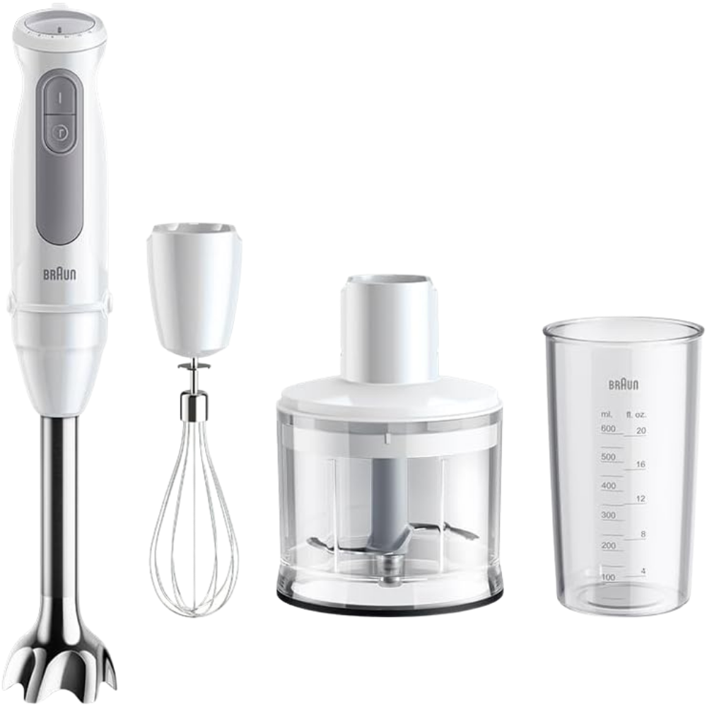 تصميم بدون عنوان (13) Braun MultiQuick 5 Hand Blender 1000W with Beaker, 500ml Chopper, Whisk, PowerBell VPlus, 21 Speeds, SplashControl for Chopping, Masala Grinding, Chutney, Puree, Smoothie, Soup, Shake MQ50236M - Image 1