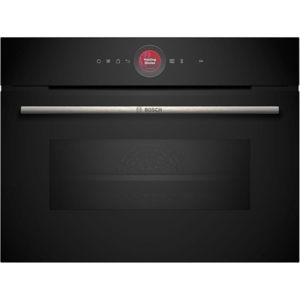 فرن ميكروويف بوش سيريز 8 CMG7241B1B صغير الحجم مزود بتقنية الهواء الساخن اللطيف، وتقنية الهواء الساخن ثنائية الأبعاد، وحلقة تحكم رقمية، ووظيفة التسخين السريع، ويدعم الاتصال بشبكة الواي فاي عبر تطبيق Home Connect، مدمج، أسود، 60 × 45 سم