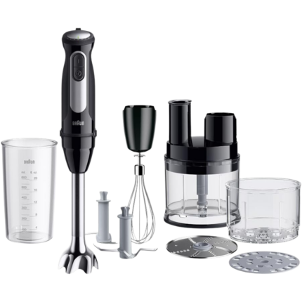 خلاط مالتي كويك 5 برو MQ55755M، خلاط غاطس بـ 25 سرعة، نظام ايزي كليك بلس 1000 واط يشمل محضرة طعام صغيرة ومفرمة ومضرب خفق ووعاء خلط من براون، 600 مل، أسود