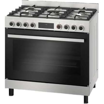 بوتاجاز قائم بذاته من السلسلة 8، مقاس 90×60 سم، فولاذ مقاوم للصدأ، 5 شعلات، سعة فرن 147 لتر، تنظيف تحفيزي - من بوش HIZ5G7W51S