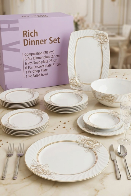 Rich Dinner Set 20 Pcs - Square Wavy - Beige Gold Rose Model