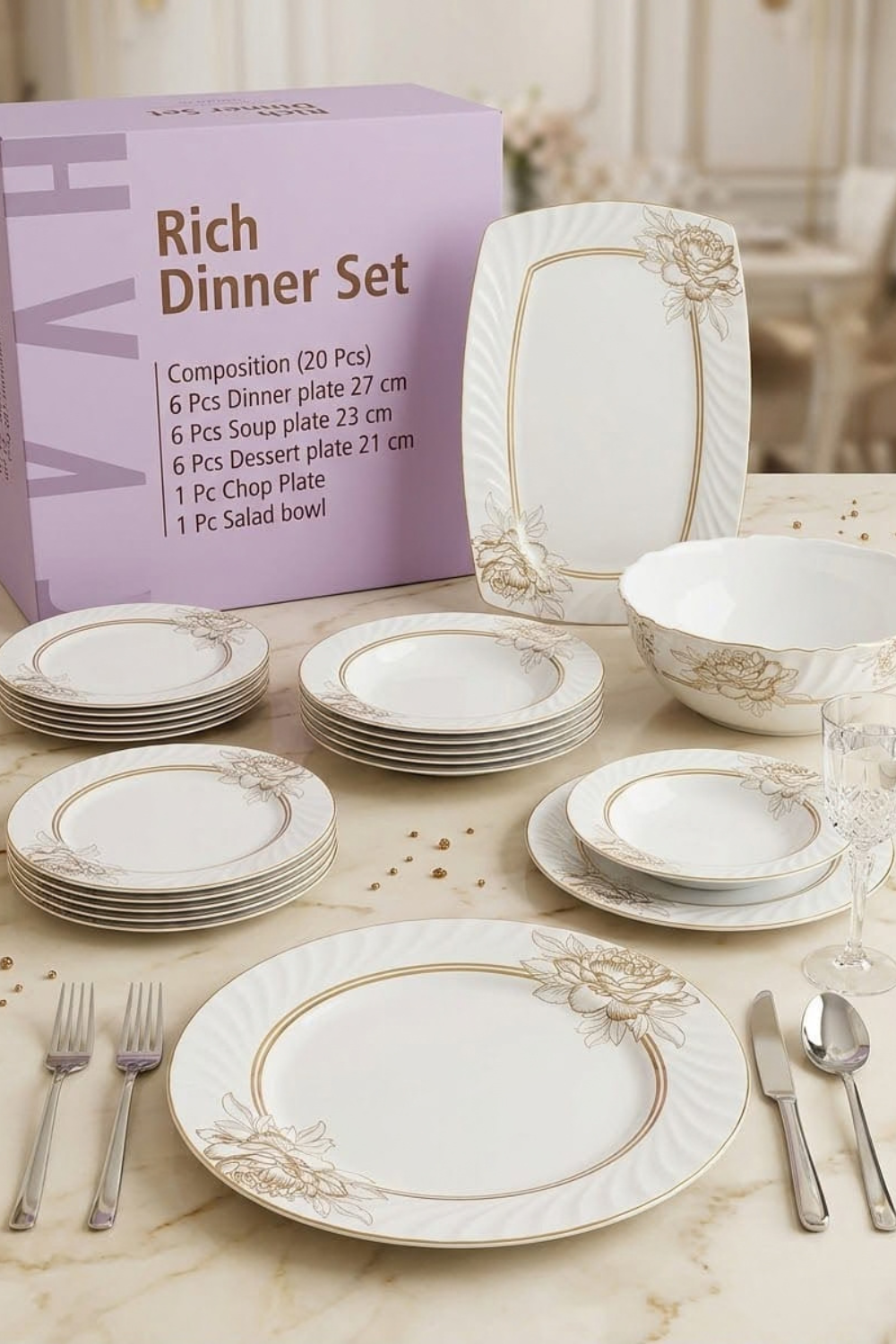 تصميم بدون عنوان (1) Rich Dinner Set 20 Pcs - Square Wavy - Beige Gold Rose Model - Image 1