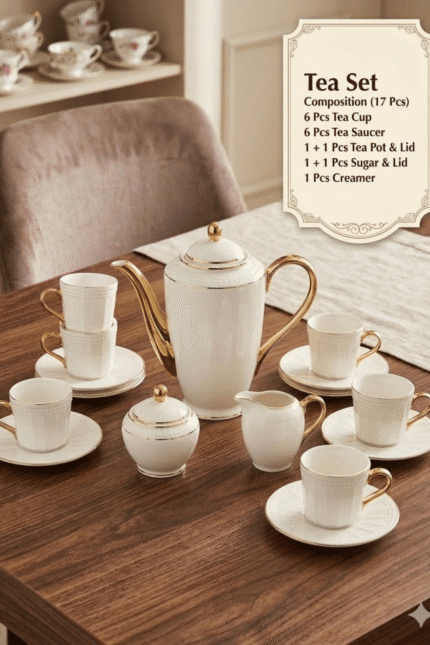 Porcelain Tea Set 17 Pcs - Royal Gold Handle - White Embossed