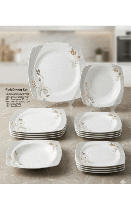 Rich Square Dinner Set 20 Pcs - Minimalist Gold Leaves & Grey Stripes