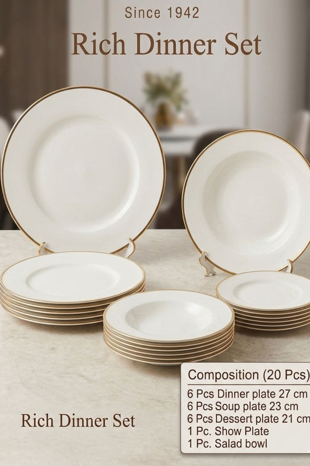 تصميم بدون عنوان Rich Round Dinner Set 20 Pcs - Classic Gold Rim - Since 1942 - Image 1