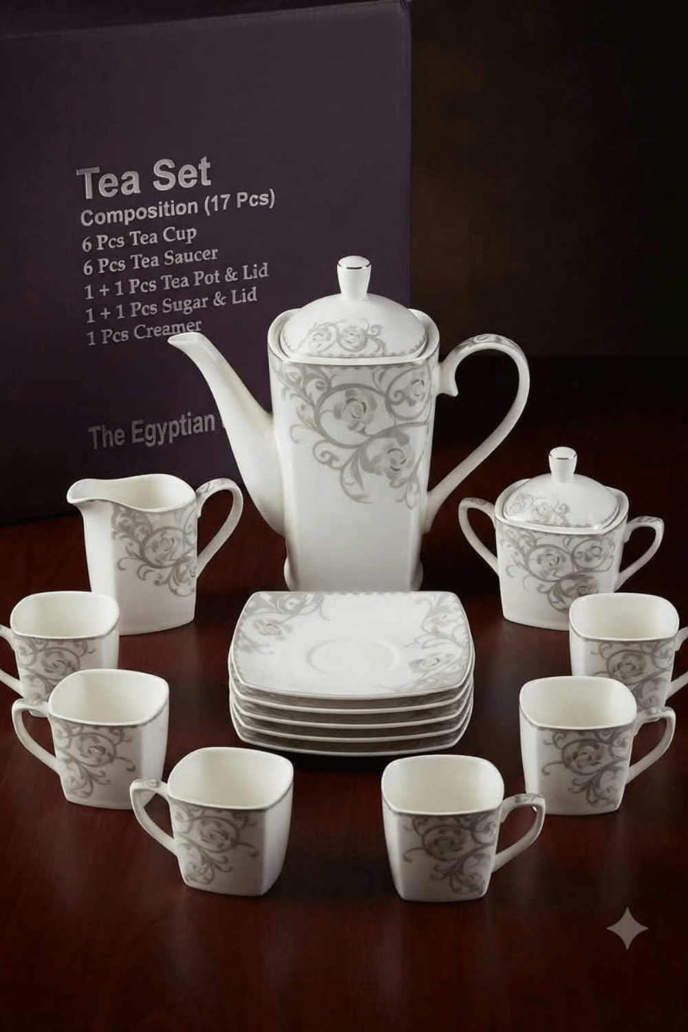 تصميم بدون عنوان (2) Modern Square Porcelain Tea Set 17 Pcs - Silver Rose Design - Image 1