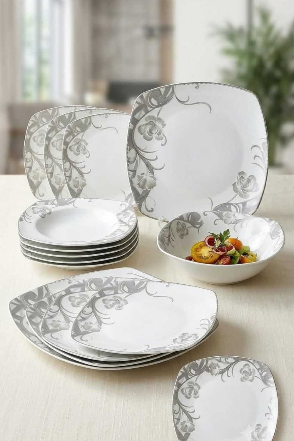 تصميم بدون عنوان (2) Porcelain Dinner Set 20 Pcs Square - Grey Silver Floral Swirl Model - Image 1