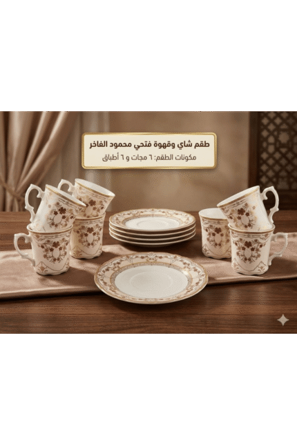 طقم شاي وقهوة بورسلين 12 قطعة - فتحي محمود الفاخر - موديل ورد بني ودهبي كلاسيك