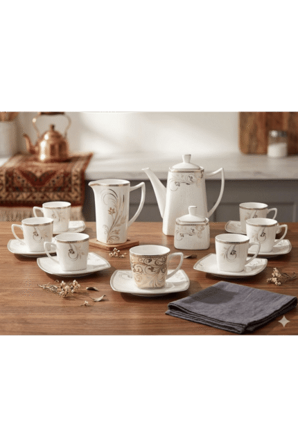 Fathi Mahmoud Porcelain Tea Set 17 Pcs Complete With Teapot - Square Modern Model - Gold Platinum Leaf Decoration