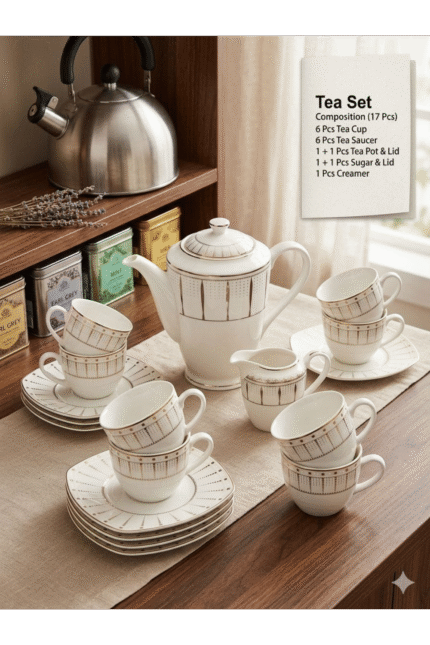 Fathi Mahmoud Porcelain Tea Set 17 Pcs Complete With Teapot - Geometric Gold Lines Model - Square Saucer