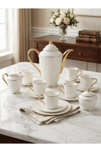Fathi Mahmoud Porcelain Coffee Set 15 Pcs Complete With Coffee Pot - Royal White Ribbed Gold Handle & Spout Model