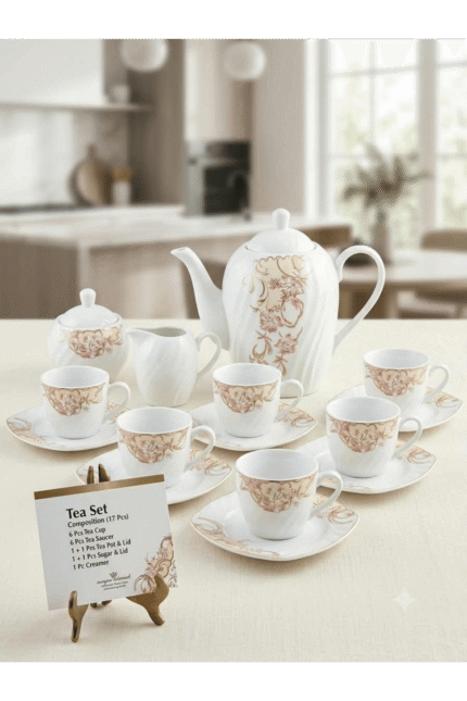 Fathi Mahmoud Porcelain Tea Set 17 Pcs Complete With Teapot - Pink Flower & Gold Scroll Model - Square Swirl Saucer