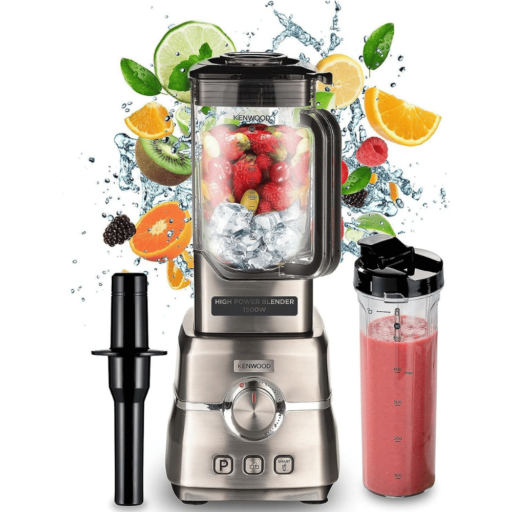 تصميم بدون عنوان Kenwood Premium Power Blender 1500W Smoothie Maker With 2L Tritan Jar, 500ml Smoothie2Go Bottle & Lid, Tamper/Food Presser, 6 Speed + 3 Preset Programs, Ice Crush Function BLM91.640SS Silver - Image 1