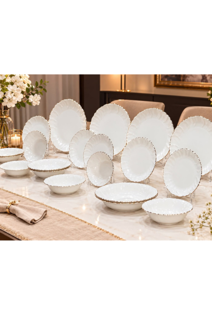 طقم عشاء بورسلين 24 / 20 قطعة - موديل الصدفة المموج - White Wave Gold Rim - أبيض سادة بإطار دهبي