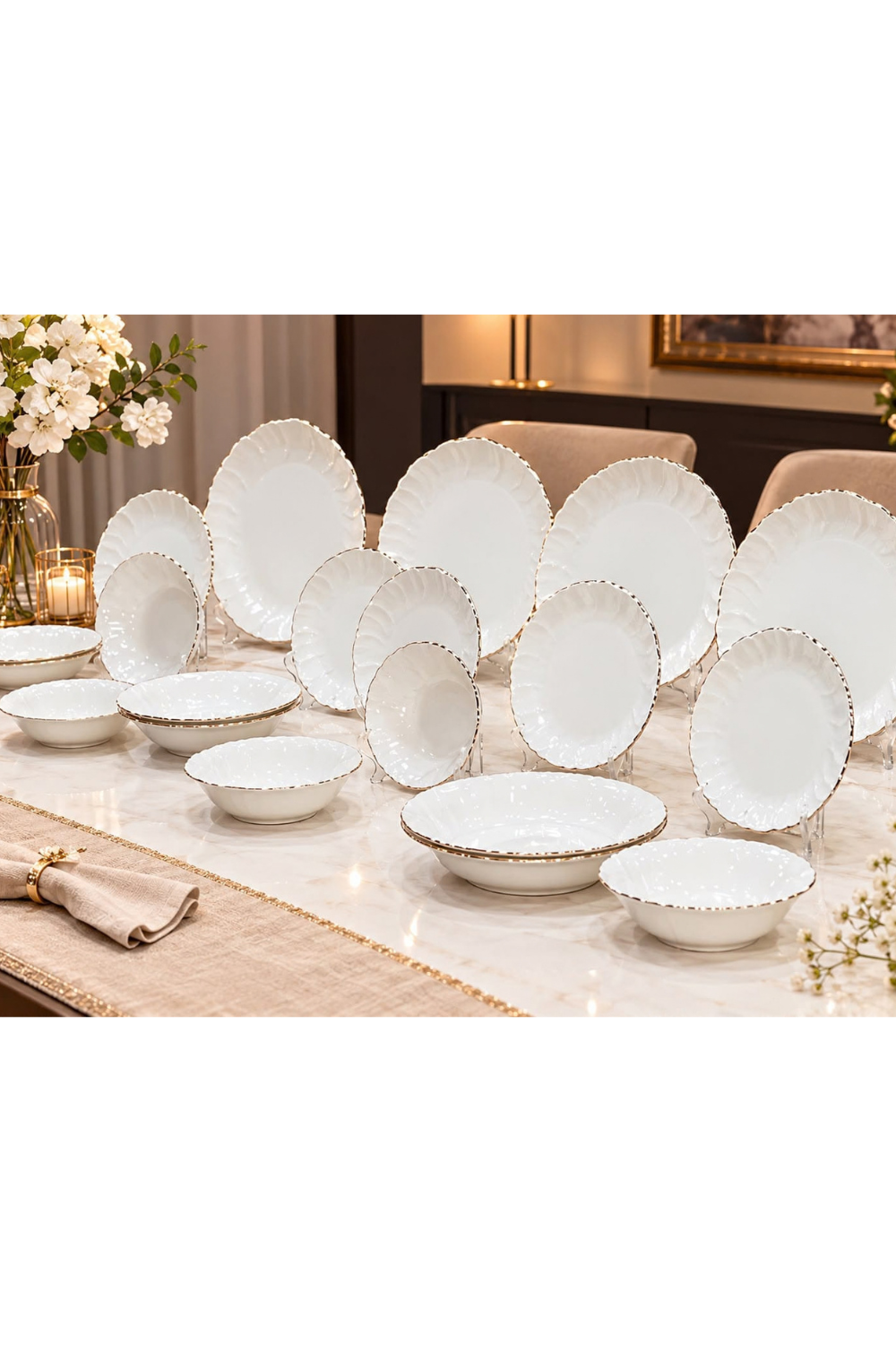 تصميم بدون عنوان (4) طقم عشاء بورسلين 24 / 20 قطعة - موديل الصدفة المموج - White Wave Gold Rim - أبيض سادة بإطار دهبي - الصورة 1